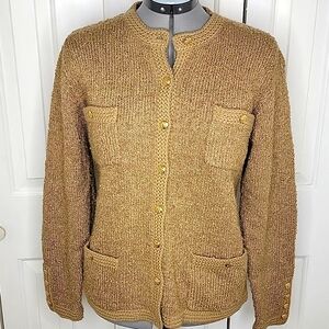 Tanner Boucle Crewneck Cardigan Sweater Size Medium Brown Gold Tone Buttons